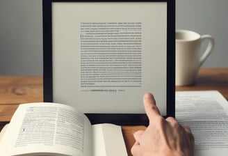 An e-reader with a black cover is open on a textured light-colored surface. The screen displays information in a foreign language with an illustration of a boat under the title 'KON-TIKI-3.' A series of specifications and icons is listed below.