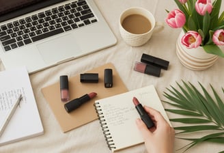 a person holding a notebook and lipstick