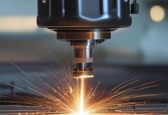 A close-up view of a metalworking machine, focusing on a drill bit actively cutting or drilling into a piece of metal. Sparks and metal shavings are visible, with a flexible coolant hose in the frame. The lighting is dim with warm tones, emphasizing the metallic surfaces.