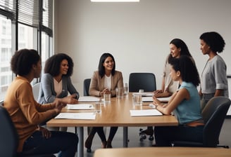 A meeting or presentation in a modern office setting, where a woman in a blue dress is standing in front of a whiteboard with colorful sticky notes. Three other people are seated around a wooden conference table, focused on a large wall-mounted screen displaying a website or social media page. The room has gray acoustic paneling on the walls.