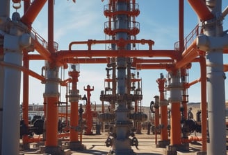 A large offshore oil platform is seen framed by the window of a structure, showcasing various pipes, cranes, and walkways. The platform is orange and surrounded by calm blue ocean under a clear sky.