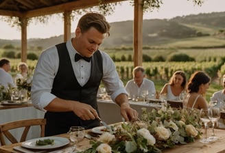 a man in a tuxedo suit and bow tie is cutting a table with