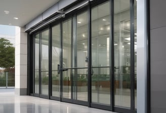 Several glass doors, likely part of a building entrance or exit, display circular blue signs with upward-facing arrows. The doors are slightly open, revealing a partial view through them to the other side. There are reflections on the glass panels of the surrounding environment, including a building and some pavement. The scene has an industrial and urban feel.