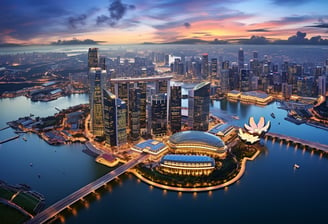 aerial shot of Singapore's skyline at sunset