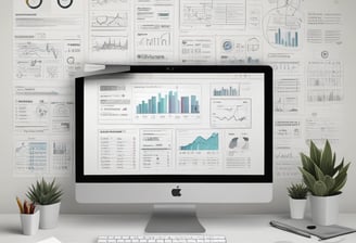 A modern workspace setup featuring a large monitor and a laptop displaying web pages. The desk has a wireless keyboard, a mouse, and a card labeled '#Hashtag Campaign'. The space is clean and organized with a focus on digital content.