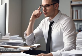 A man wearing a suit sits at a desk, concentrating on the documents in front of him. The desk has a microphone, a telephone, and some papers. The background includes a wall with several sheets of paper posted on it and a door.