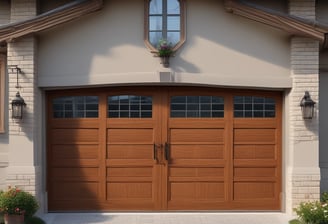 A decorative garage door with horizontal stripes in a variety of bright colors. Above the door is a sign with blue letters reading 'Humber'. The building facade is light-colored and the ground is paved.