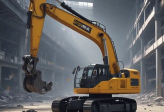 A yellow truck filled with rubble is parked in a yard surrounded by debris. The ground is covered in dirt and scattered pieces of construction material. Two people are interacting with the debris, engaged in some form of manual labor. The scene is rustic and chaotic, with worn-out surfaces visible on the surrounding walls.