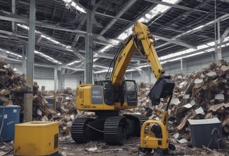 A construction vehicle features a large mechanical arm with a claw, lifting debris or soil into a green dump truck. The scene includes a worker wearing a high-visibility vest sitting in the vehicle. The surrounding environment includes trees with sparse leaves and partially visible buildings. The sky appears overcast.