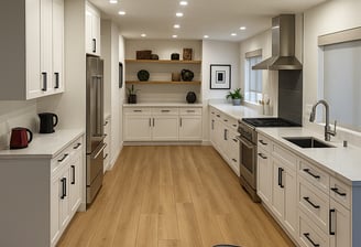 Bright modern kitchen with white shaker cabinets, quartz countertops, in British Columbia