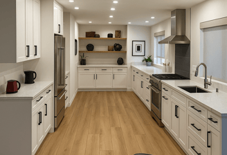 Bright modern kitchen with white shaker cabinets, quartz countertops, in British Columbia