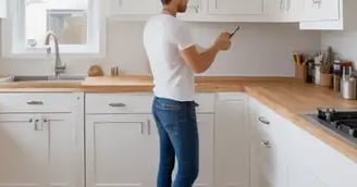 Man measuring a modern white kitchen with shaker cabinets, preparing for a custom cabinet design
