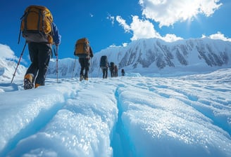 Travelers with backpacks trekking across icy glacier