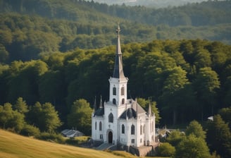 A vibrant hilltop church surrounded by lush greenery with a blurred foreground of orange foliage. The structure is set against a dramatic, overcast sky, creating a contrast between the colorful elements and the dark backdrop.