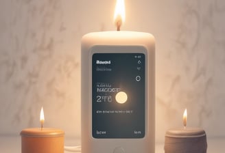 A lit candle labeled 'Emotional Support Candle' sits in a shallow wooden dish. Behind it, a classic-style bust and an ornate, antique mirror add to the aesthetic. The background features soft, neutral tones creating a cozy and serene atmosphere.