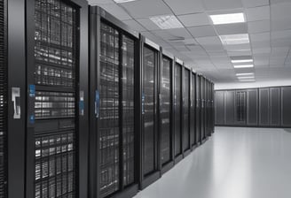 A dimly lit server room with multiple racks of computer servers surrounded by cables and various technical equipment. The space has an industrial feel with visible pipes and ductwork, and a sign on one rack stating 'Do not use'.