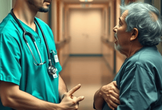 a nurse and a old patient in scrubs standing in a hospital hallway