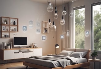 A variety of smart home devices are arranged on a flat surface, including sensors, plugs, and hubs. The devices are mostly black and white, with some showing LED indicators and branding. The background is a muted gray, emphasizing the sleek and modern design of the gadgets.
