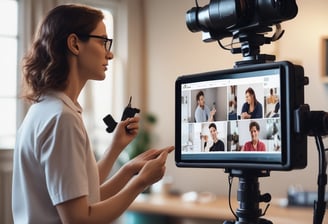 A person in a red plaid shirt operates a camera on a stabilizer, recording another individual who is speaking and gesturing. The background features a presentation slide with text that includes the word 'Ubiquitousness.' The speaker is wearing a dark blazer and light-colored pants.