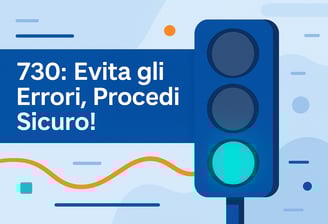 Illustrazione flat design con semaforo che mostra la luce verde, con la scritta "730: Evita gli errori, procedi sicuro"