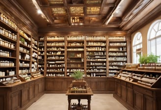 An old pharmacy with wooden display cabinets filled with various bottles and containers. A mannequin wearing a white lab coat stands behind the counter. Several framed photographs and vintage advertisements adorn the walls. The atmosphere invokes a sense of nostalgia and history.