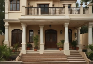 A multi-story building with a slightly aged facade. The middle floor has a window with a warm light illuminating the interior, suggesting someone is home. A sign is displayed on the balcony above, indicating the property might be for rent or sale. The building is situated on a narrow street between similar structures with visible street signage.