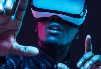 a man in a leather jacket and glasses with a virtual reality