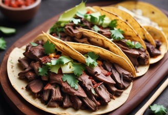 Two hard-shell tacos are filled with seasoned ground meat, shredded lettuce, diced tomatoes, grated cheese, and topped with a dollop of sour cream. They are placed on a clean white plate, highlighting their vibrant colors.