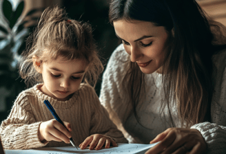 Una niña de unos 4 años escribiendo en un cuaderno con su madre al lado acompañándola.