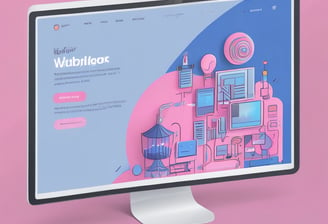 A web browser window displays a landing page for Webflow, featuring a tagline about building web content visually without coding. The background transitions from blue to pink, with various web design interfaces and tools depicted. Logos for partner companies are aligned at the bottom.