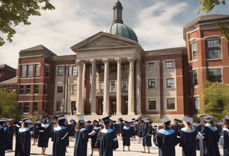 A group of graduates wearing black robes and teal sashes throw their caps in the air while holding certificates. They are standing on a grassy area in front of a modern building with grey and red elements.