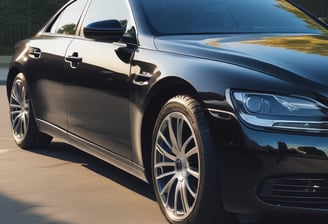 A sleek, modern black car with a shiny finish is parked inside a garage or showroom. The car's detailed and reflective surface highlights the meticulous care given to its maintenance. Above the car, there is a stylized logo and the text 'Spot on Makeover Car Care' on the wall, indicating a specialized vehicle detailing or care service.