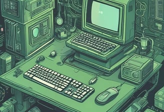 a computer desk with a computer monitor and a keyboard