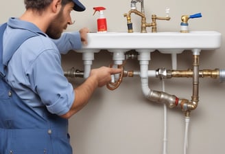 A row of air conditioning units is installed on the rooftop of a building. A person, wearing a hat, is working on one of the units. The building has several ventilators and metal ducts extending from it. The sky is clear and blue.