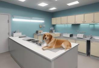 A dog wearing a red harness stands on a sidewalk next to a textured white wall with green lettering that reads 'BAJO BELGRANO'. Ivy grows along the top edge of the wall, adding a touch of greenery.