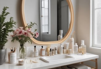 A trio of facial skincare products, including a toner, serum, and cream, are neatly arranged on a wooden slab with a decorative flower and a green leaf beside them. The products have metallic caps, and the packaging features minimalist design with red and black text.