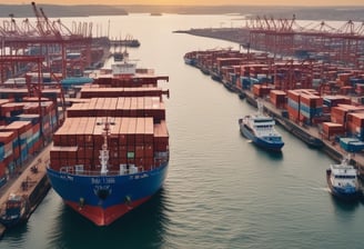 A lush green farm with neatly arranged rows of plants supported by wooden stakes and netting. In the background, tall palm trees rise against a partly cloudy sky, creating a serene agricultural landscape.