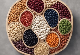 A variety of grains and legumes displayed in large sacks at a market, each labeled with a price tag. The sacks contain different types of beans, lentils, and seeds in various colors such as green, orange, white, and beige. The prices are written on cards placed on top of each sack. Nearby, there are bottles of detergent and paper towel rolls.