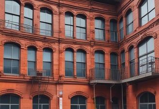 A person is standing on scaffolding while working on the restoration or painting of a dome-like structure. The sky is bright and clear with some scattered clouds. The structure appears weathered with peeling paint, and there are decorative elements and round finials around the top.