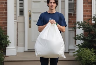 A person is pushing a large green waste bin with 'businesswaste.co.uk' and a phone number printed on the side. The bin has four wheels and is positioned in a dimly lit space with a wall of cinder blocks in the background.