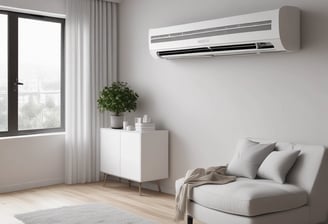 A modern, rectangular air conditioning or heating unit with the logo 'alpha innotec' is installed outside a building with a dark gray brick exterior. The unit is positioned against a light concrete wall, and there is overgrown grass along the edge of the pavement.