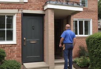 A smart video doorbell is mounted on a deep blue door with a blurred out number plate in the background.