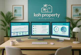a desk with three monitors and a monitor screen