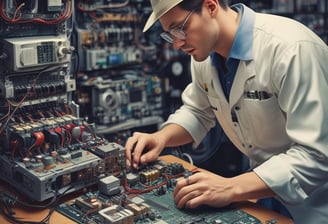 An industrial setting with machinery including a circular metal platform and electronic control panels mounted on a tiled wall. Various pipes and wires run along the walls and ceiling, with different mechanical components visible.