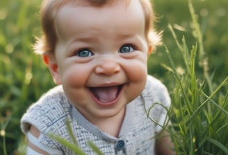 An adult is gently guiding a baby as they practice walking on grass. The scene is set outdoors with trees in the background, giving a serene and natural environment. The adult is wearing glasses and a light-colored top, while the baby is dressed in casual clothes.