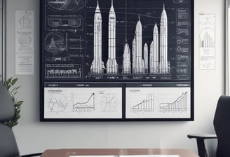 A woman with long hair is writing on a whiteboard. She is using sticky notes and markers to organize and plan a strategy. The board has various handwritten notes and symbols related to marketing and digital education.