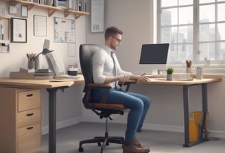 A person is seated in an ergonomic chair facing a desk. The desk features a large monitor, two speakers, and a keyboard with a neutral background.