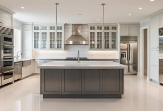 a kitchen with a large island and stainless steel appliances