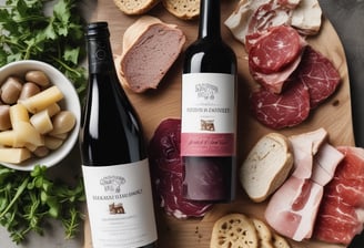 A wooden cutting board displaying a selection of charcuterie including sliced salami, cheese, prosciutto, olives, and small mozzarella balls skewered together. Next to the board is a bottle of Ruffino Prosecco, all set on a fluffy white surface.