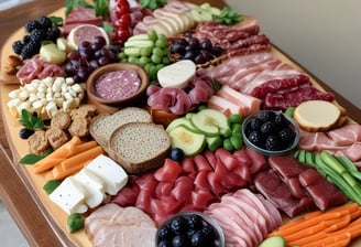 A wooden board with an assortment of cured meats including sliced salami, prosciutto, and other types of thinly sliced deli meats. The meats are arranged neatly on the board, showcasing a variety of red and pink hues with marbled fat.